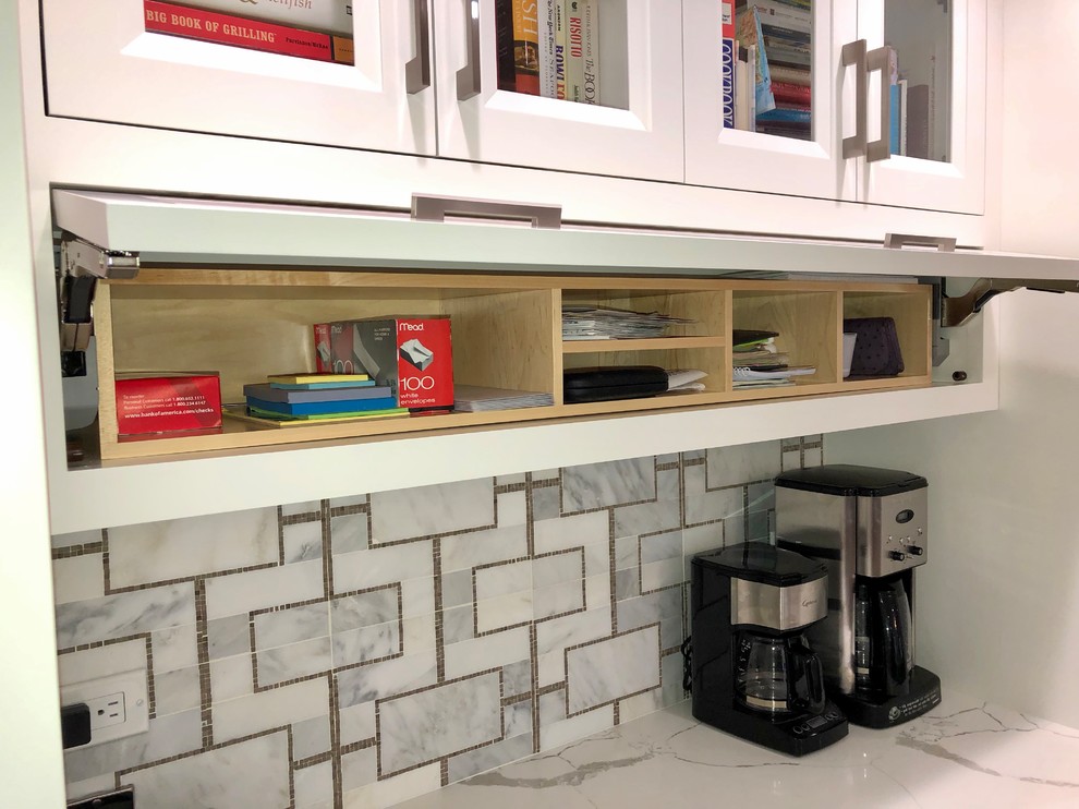 Large transitional eat-in kitchen photo in New York with beaded inset cabinets, gray cabinets, quartz countertops and an island