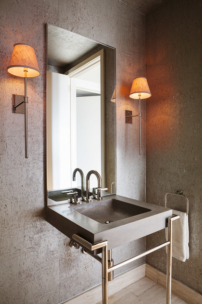 Photo of a mid-sized contemporary 3/4 bathroom in San Francisco with a console sink and grey walls.