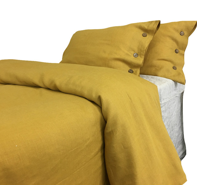 Mustard Gold Linen Duvet Cover With Wooden Buttons Contemporary