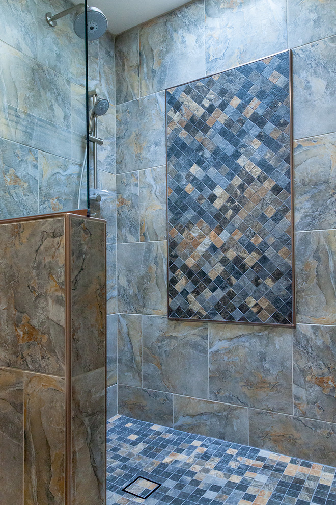 Inspiration for a mid-sized transitional master gray tile and porcelain tile porcelain tile and brown floor walk-in shower remodel in Phoenix with shaker cabinets, dark wood cabinets, a one-piece toilet, beige walls, an undermount sink, granite countertops and beige countertops