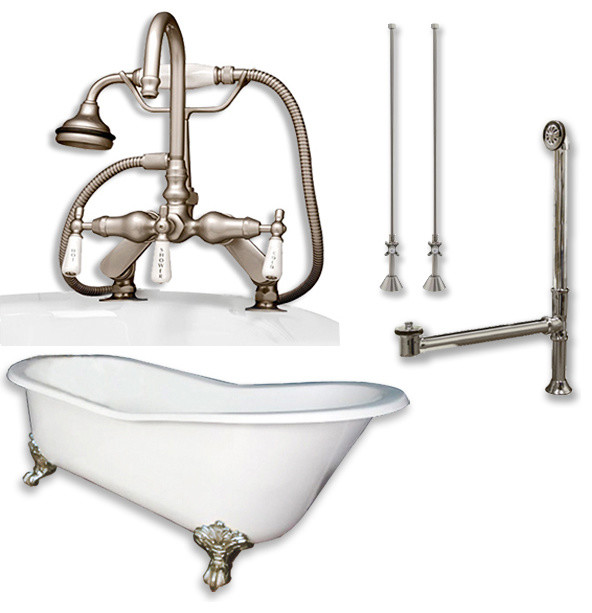Cast Iron Slipper Clawfoot Tub, English Style, Brushed Nickel Package