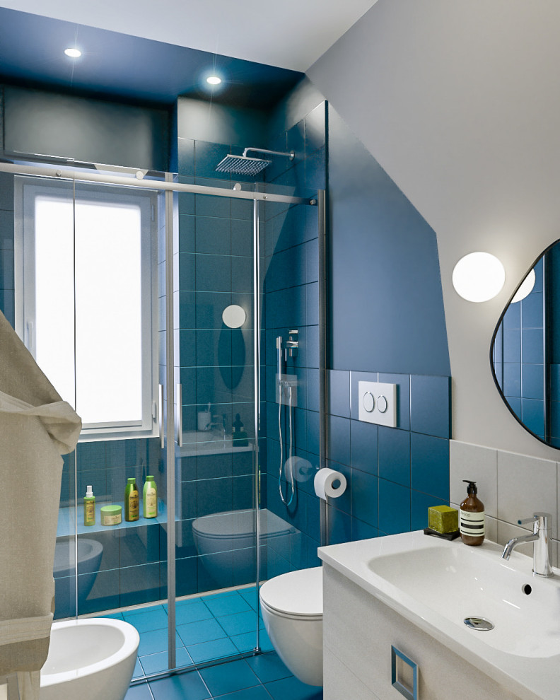 Small contemporary 3/4 bathroom in Milan with flat-panel cabinets, beige cabinets, a curbless shower, a two-piece toilet, blue tile, porcelain tile, beige walls, an integrated sink, laminate benchtops, a sliding shower screen, beige benchtops, a shower seat, a single vanity and a floating vanity.