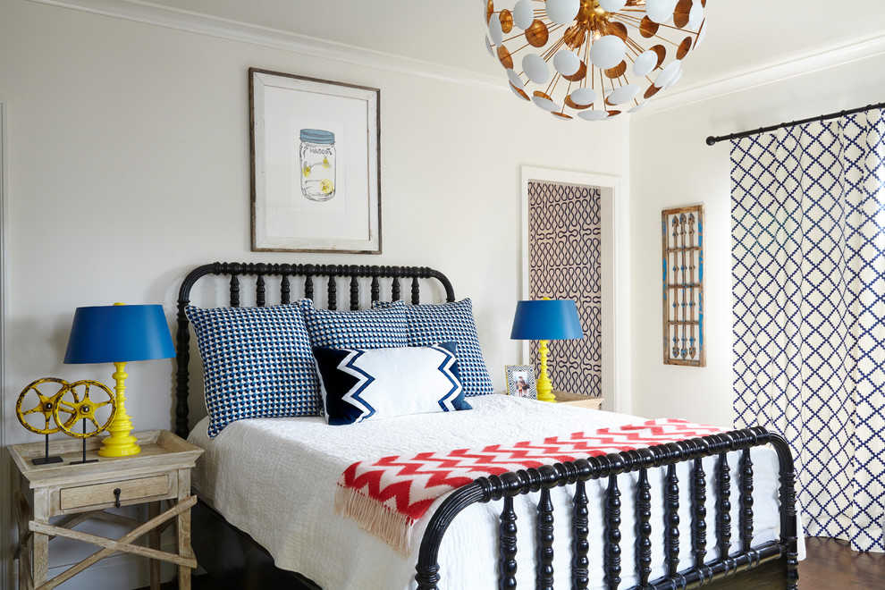 Design ideas for an eclectic bedroom in Nashville with white walls, dark hardwood floors and no fireplace.