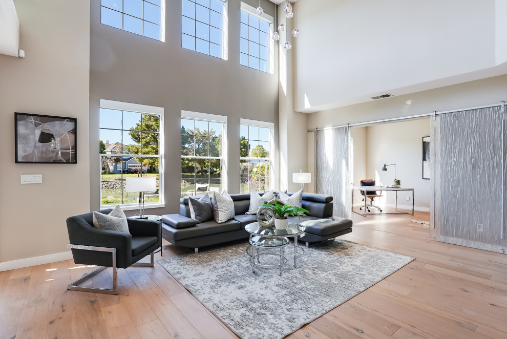 Medium sized modern mezzanine living room in San Francisco with grey walls and light hardwood flooring.