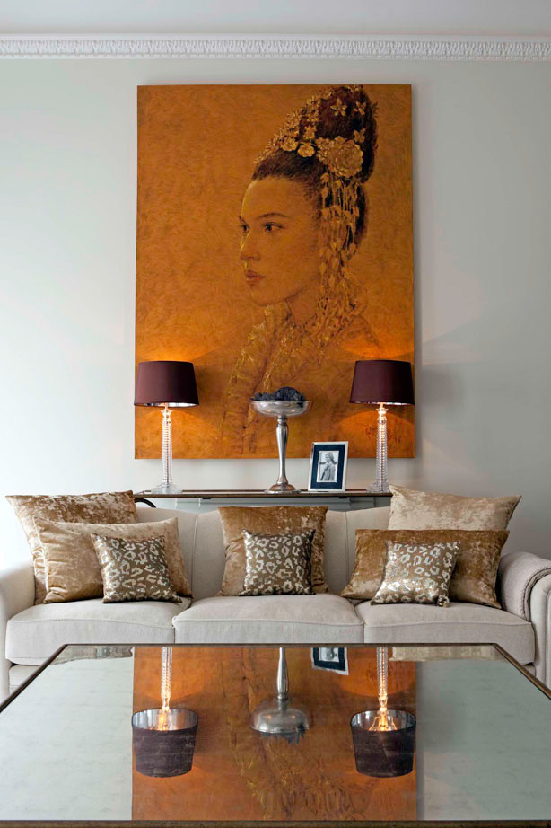 Photo of a large eclectic living room in London with a standard fireplace and a stone fireplace surround.
