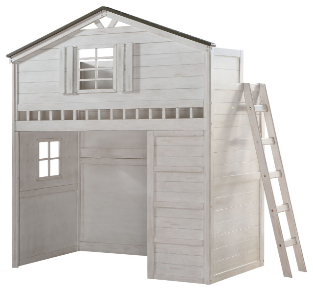43"x80"x88" Weathered White Washed Gray Wood Loft Bed, Twin Size