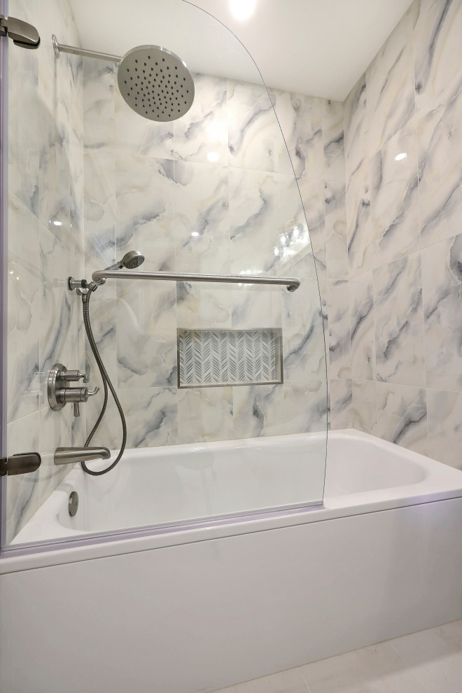 Photo of a mid-sized transitional master bathroom in San Francisco with shaker cabinets, white cabinets, an alcove tub, an alcove shower, blue tile, porcelain tile, blue walls, porcelain floors, an undermount sink, engineered quartz benchtops, white floor, a hinged shower door, white benchtops, a single vanity and a freestanding vanity.