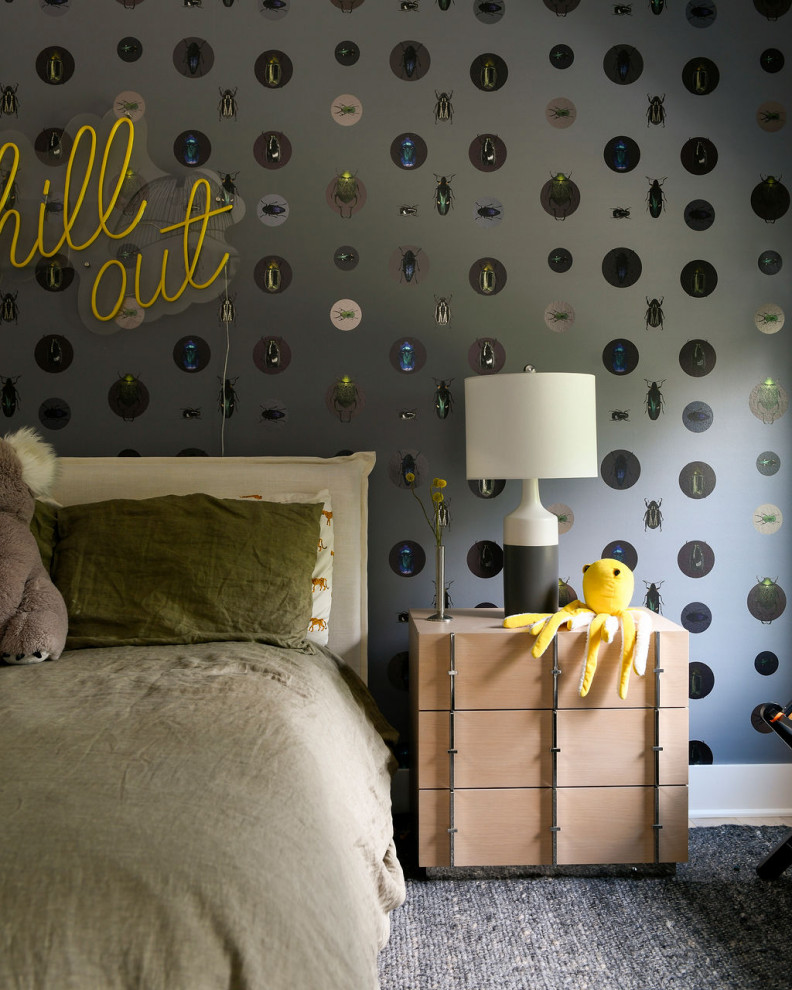 Willow Farms Ct. - Inspiration for a bedroom and mid-sized transitional boy light wood floor and wallpaper kids' bedroom remodel with black walls