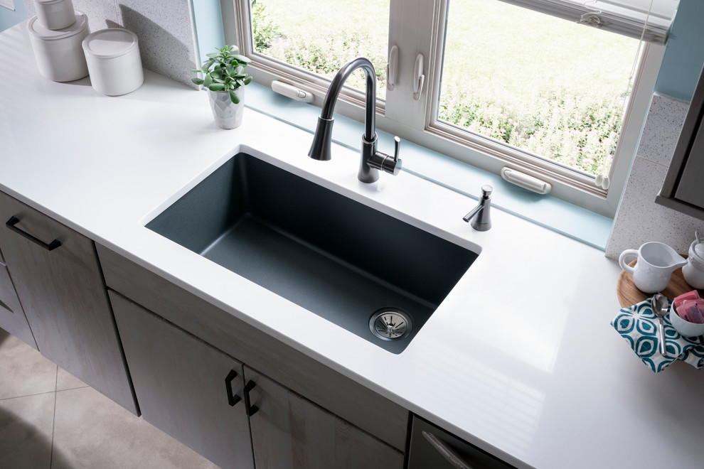 Photo of a transitional kitchen with a single-bowl sink.