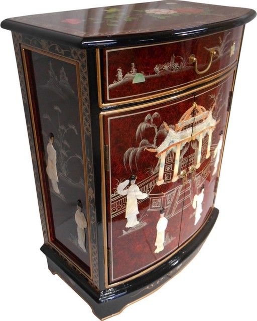 French Red Oriental Round Front Hall Cabinet Asian Accent