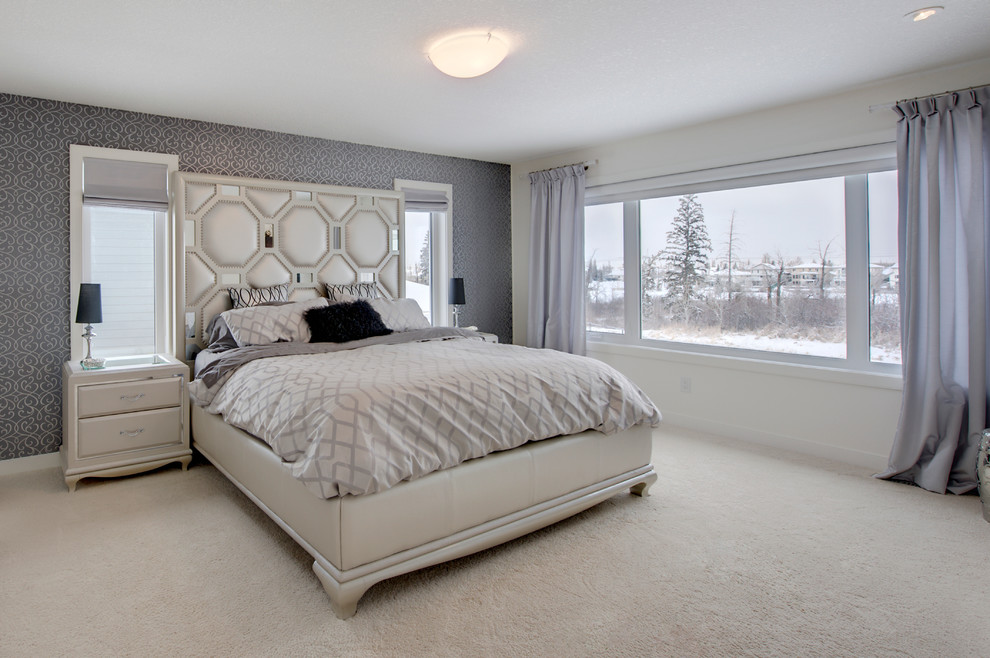 Design ideas for a transitional master bedroom in Edmonton.