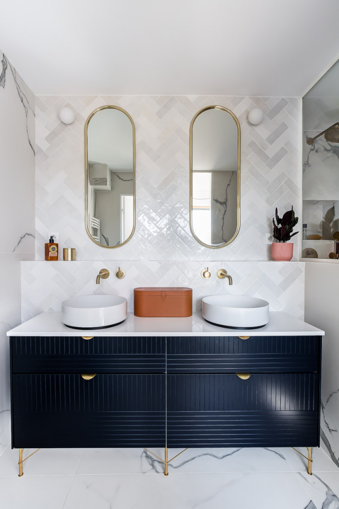 This is an example of a medium sized contemporary grey and white shower room bathroom in Paris with grey tiles, marble tiles, white walls, marble flooring, white floors, double sinks, a freestanding vanity unit, flat-panel cabinets, black cabinets, a vessel sink and white worktops.