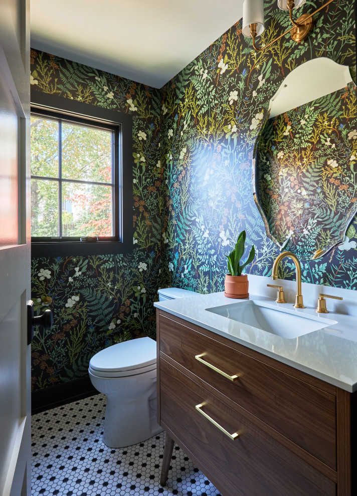 Inspiration for a small transitional mosaic tile floor, white floor and wallpaper powder room remodel in Chicago with flat-panel cabinets, medium tone wood cabinets, a two-piece toilet, green walls, an undermount sink, quartz countertops, white countertops and a freestanding vanity