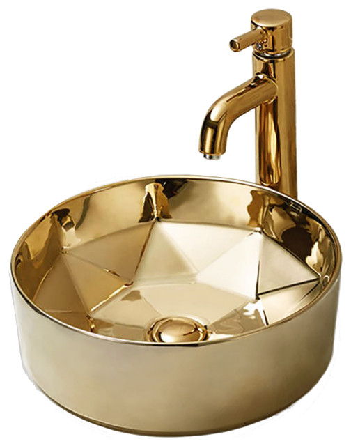 Round Vessel Sink 153/4" Gold Geometric Design Contemporary