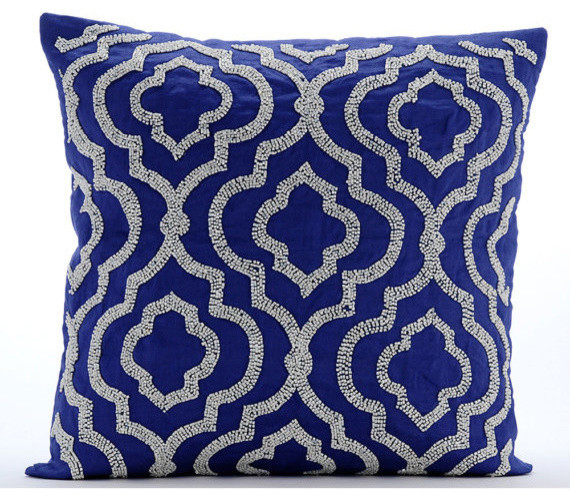 Lattice Trellis Blue Cotton Linen Pillow Covers Royal Lineage