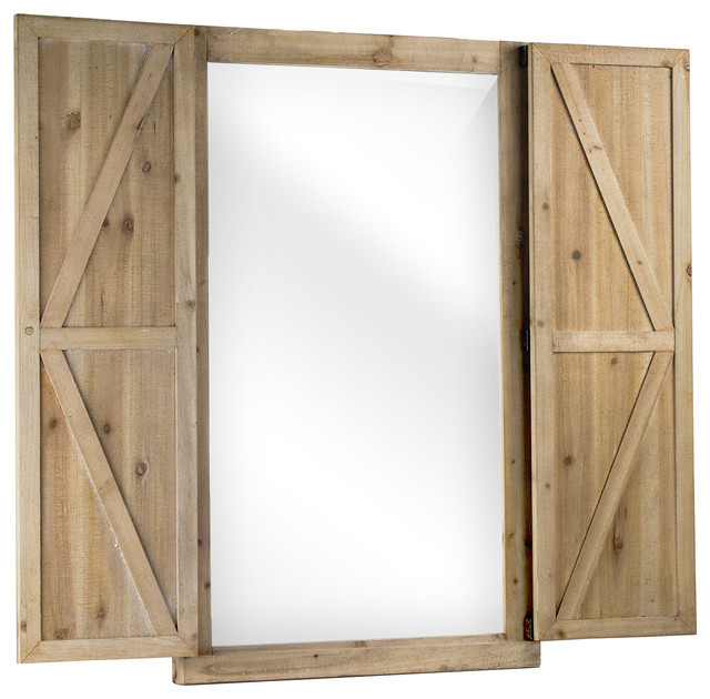 Shuttered Wall Mirror With Rustic Wooden Frame Transitional Wall Mirror With Rustic Wooden Frame