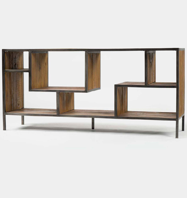 Geometric Wood and Iron Bookcase Console