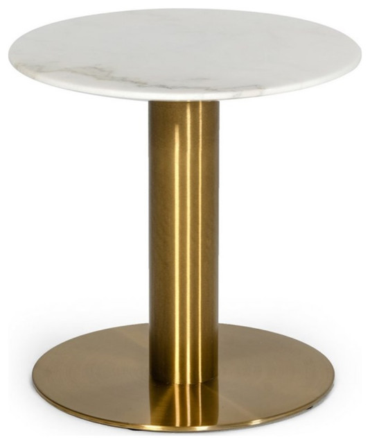 Modrest Fairway Round Stainless Steel & Marble End Table in White/Gold
