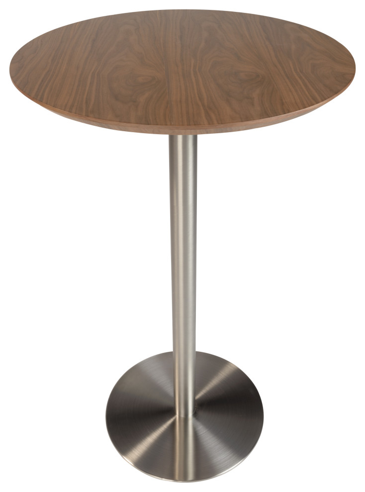 Cookie-B 26" Bar Table, Walnut With Brushed Stainless Steel Column and Base
