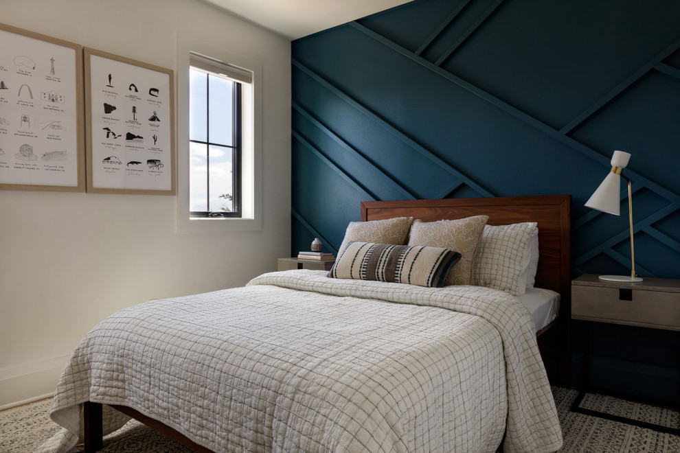 Источник вдохновения для домашнего уюта: хозяйская спальня среднего размера в современном стиле с разноцветными стенами и ковровым покрытием без камина