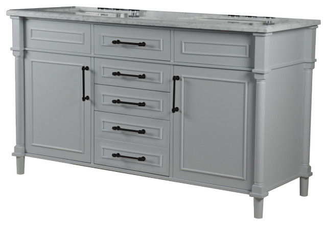 60" Double Vanity, Light Gray With White Carrara Marble Top ...