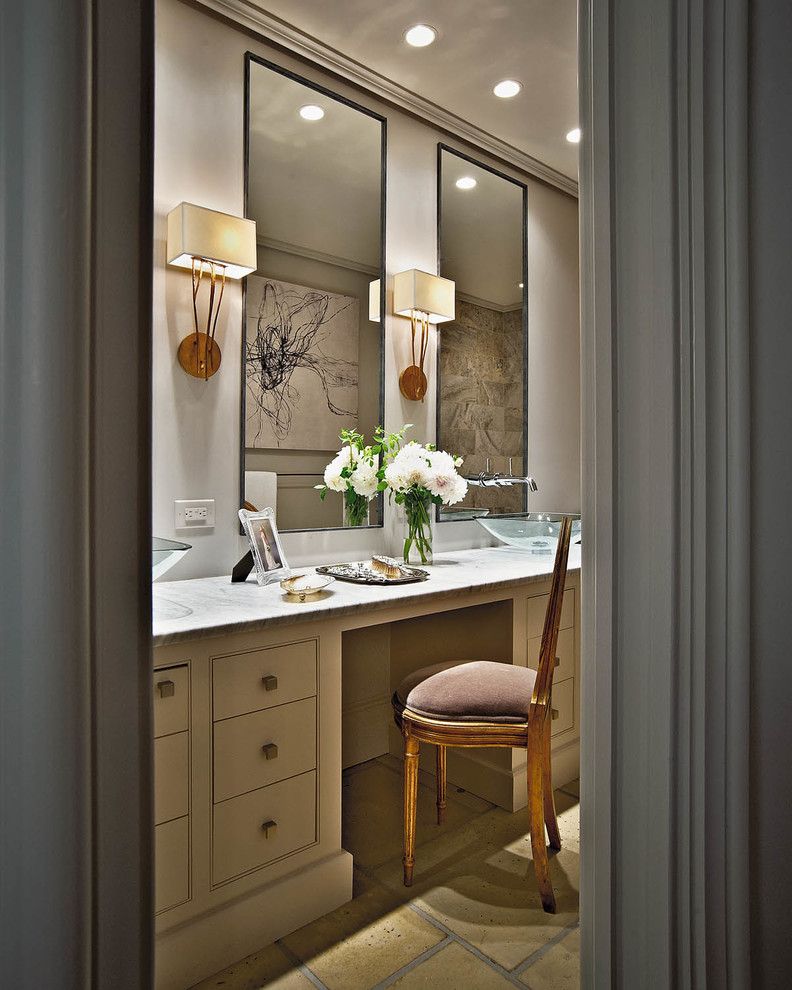 Inspiration for a small contemporary master bathroom in Charlotte with a vessel sink, flat-panel cabinets, white cabinets, onyx benchtops, a drop-in tub, an alcove shower, a two-piece toilet, brown tile, stone tile, grey walls and concrete floors.
