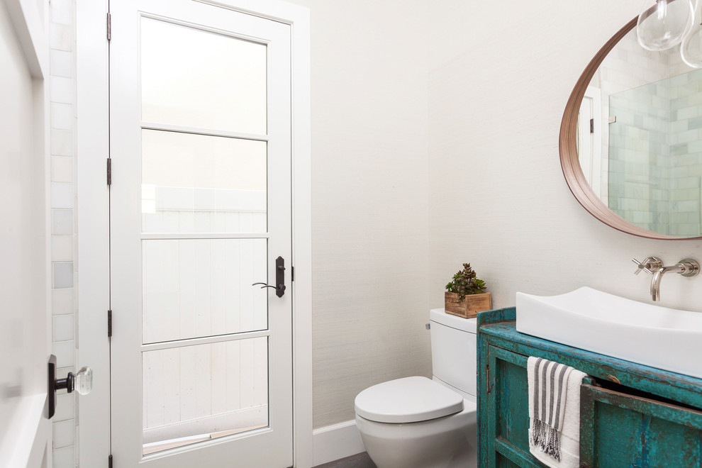 Design ideas for a beach style 3/4 bathroom in Orange County with white walls.