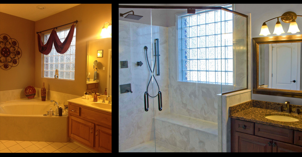 Transitional bathroom in New Orleans with a corner shower.