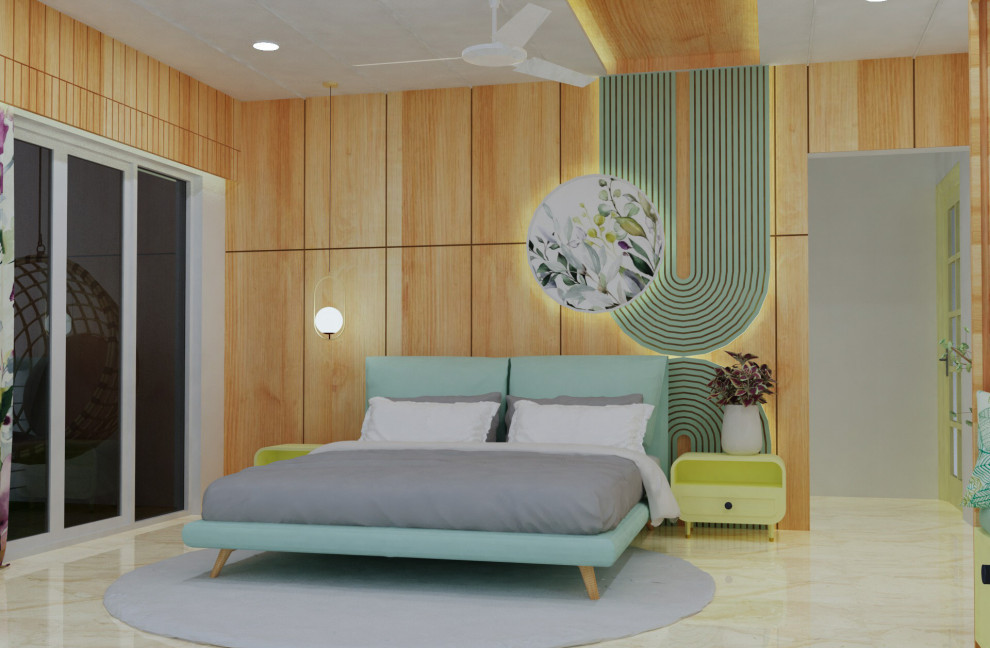 На фото: хозяйская спальня среднего размера в современном стиле с деревянным потолком и панелями на части стены с