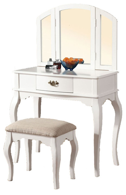 Tri-Folding Mirror Vanity Set Wooden Make Up Table Cushion Bench-Drawer, White
