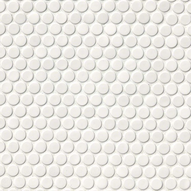 Penny Round Glossy White Porcelain Mosaic Backsplash Contemporary