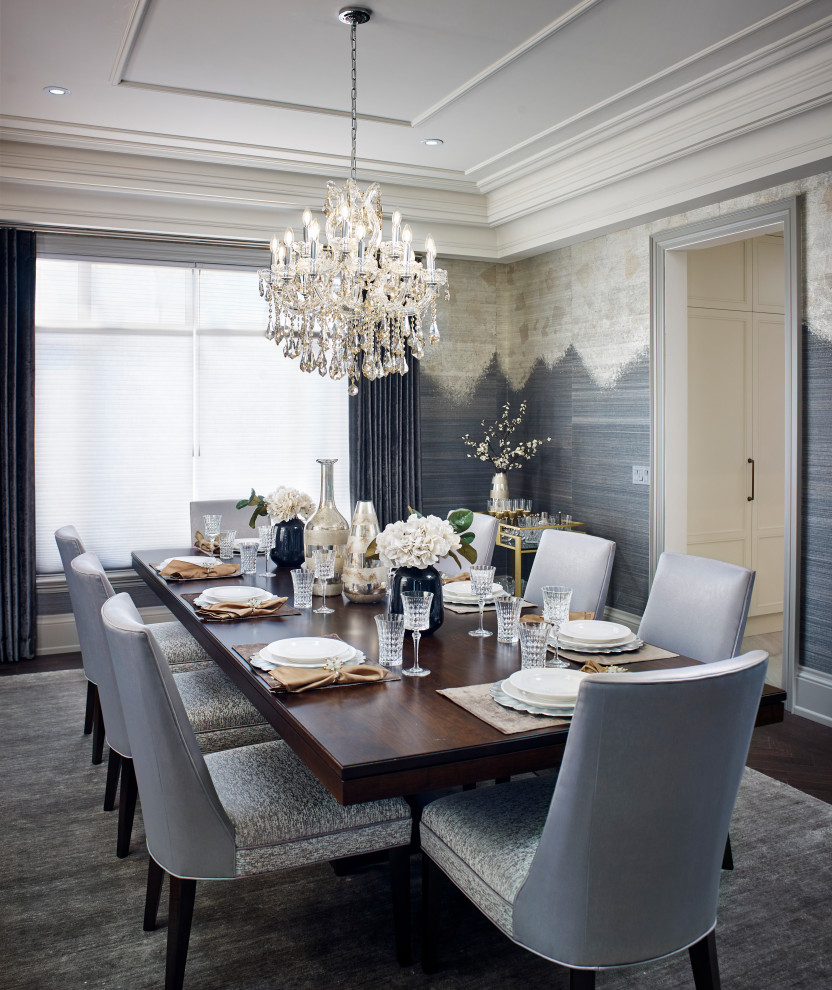 Large transitional separate dining room in Toronto with grey walls, dark hardwood floors, brown floor, coffered and wallpaper.