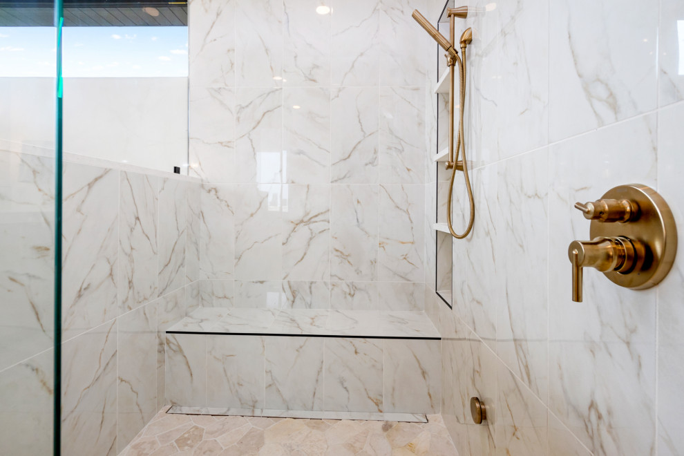 Large transitional master walk-in shower photo with a hinged shower door