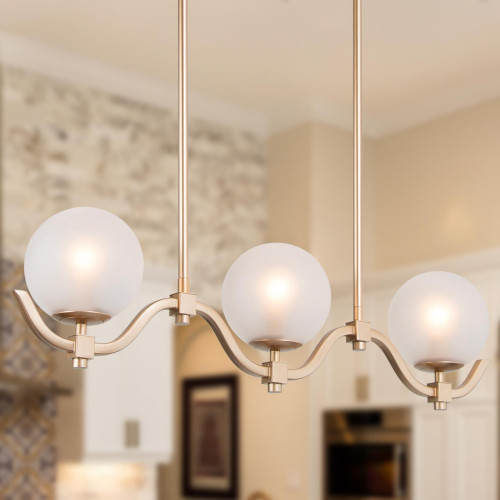 Modern Globe Kitchen Island Chandelier, Rose Gold Frame & Cream Globe Glass Shad