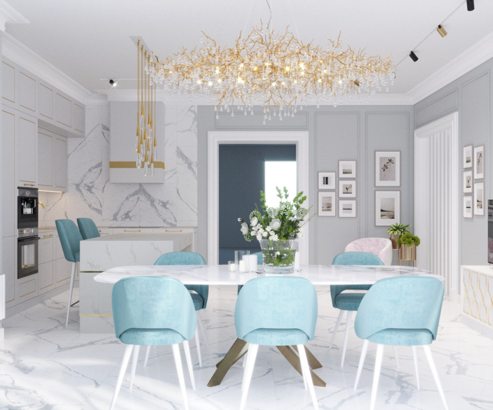 Светлая кухня с островом и яркой мебелью