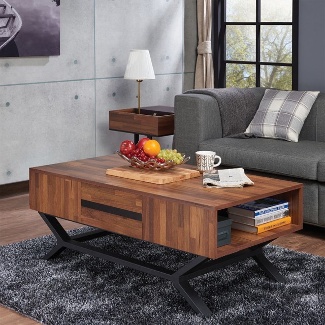 Contemporary Rectangular Wooden Coffee Table with Storage Drawers