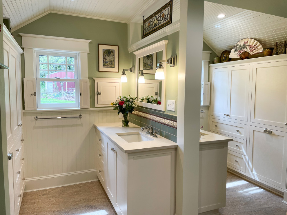 Inspiration for a mid-sized arts and crafts master bathroom in Other with shaker cabinets, white cabinets, a corner shower, green tile, ceramic tile, green walls, an undermount sink, engineered quartz benchtops, a hinged shower door, beige benchtops, a double vanity, a built-in vanity and timber.