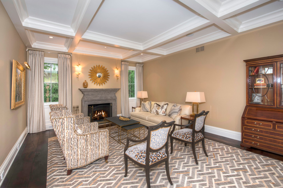 Inspiration for a mid-sized transitional formal and enclosed dark wood floor and brown floor living room remodel with brown walls, a standard fireplace, a stone fireplace and no tv
