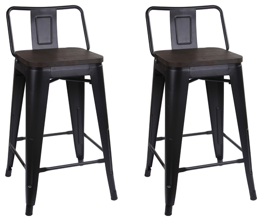 Lowback Black Metal Bar Stools, Dark Wooden Seat, Set of 2 Industrial