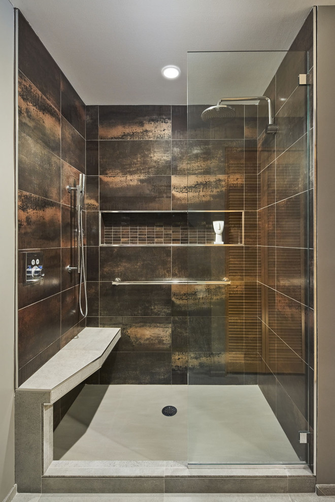 This is an example of a mid-sized contemporary master bathroom in Portland with flat-panel cabinets, dark wood cabinets, an alcove shower, brown tile, porcelain tile, brown walls, porcelain floors, an undermount sink, engineered quartz benchtops, brown floor, an open shower, white benchtops, a shower seat, a double vanity and a floating vanity.