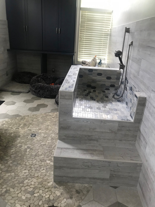 large dog wash with gray tile