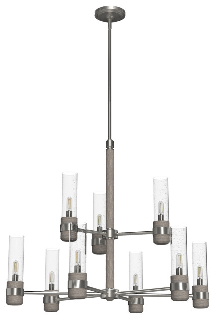 River Mill Brushed Nickel/Gray Wood, Clear Glass 9-Light 2 Tier Chandelier