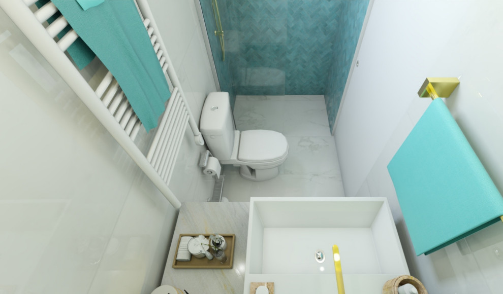 Inredning av ett modernt litet beige beige badrum med dusch, med släta luckor, vita skåp, en kantlös dusch, en toalettstol med hel cisternkåpa, blå kakel, cementkakel, vita väggar, marmorgolv, ett nedsänkt handfat, marmorbänkskiva, vitt golv och dusch med gångjärnsdörr