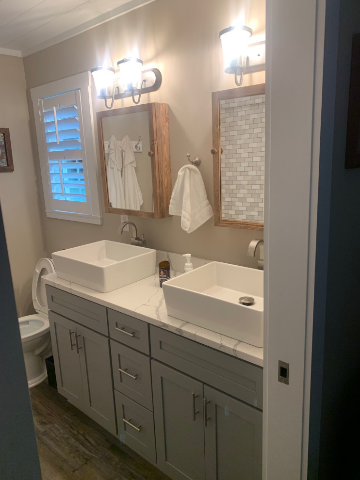 Design ideas for a country master bathroom in Other with shaker cabinets, grey cabinets, laminate floors, a vessel sink, white benchtops and a built-in vanity.