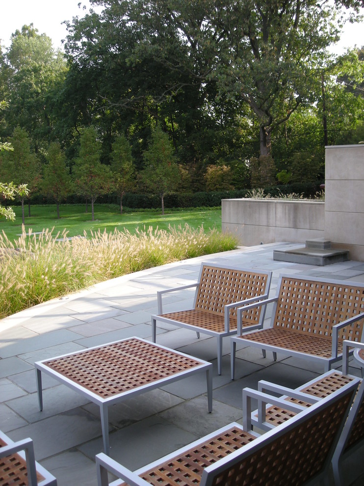 This is an example of a contemporary patio in Detroit with natural stone pavers.