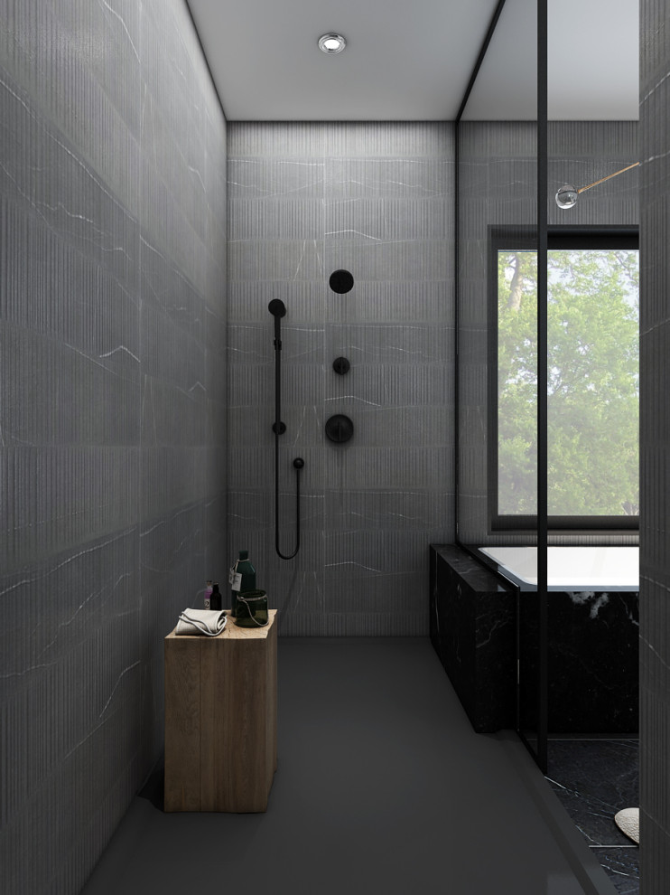 Cette image montre une salle de bain principale minimaliste de taille moyenne avec un placard à porte shaker, des portes de placard noires, un carrelage gris, un plan de toilette en quartz, un plan de toilette noir, meuble double vasque et meuble-lavabo suspendu.