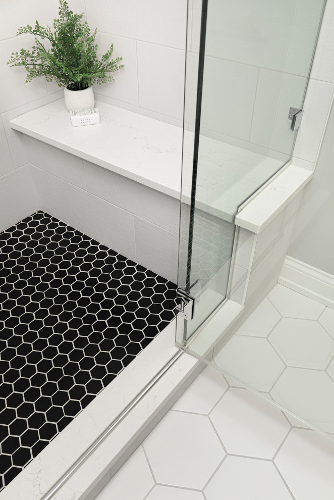 Inspiration for a mid-sized transitional master white tile and porcelain tile porcelain tile, white floor and double-sink alcove shower remodel in Chicago with shaker cabinets, gray cabinets, gray walls, an undermount sink, quartz countertops, a hinged shower door, white countertops, a niche and a floating vanity