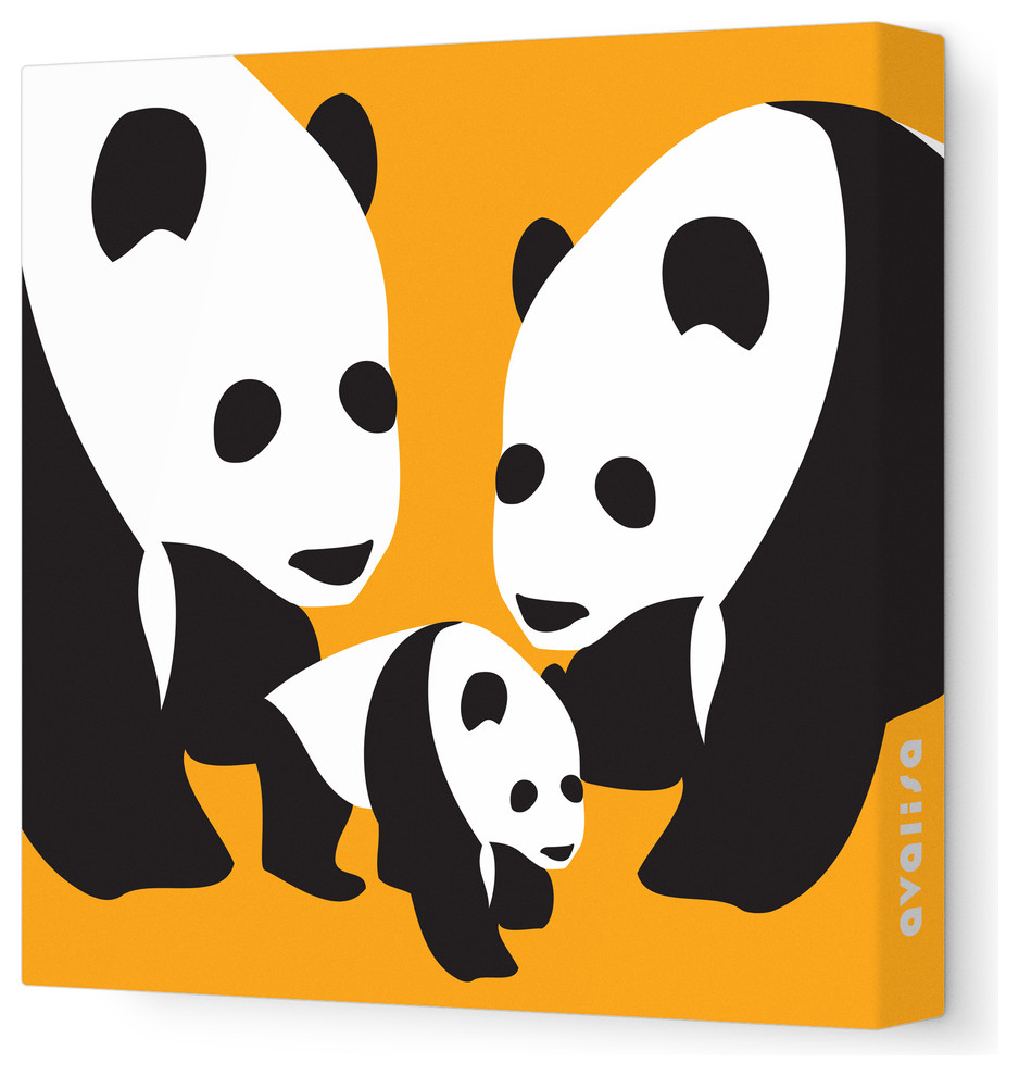 Animal - Three Pandas Stretched Wall Art, 12" x 12", Orange