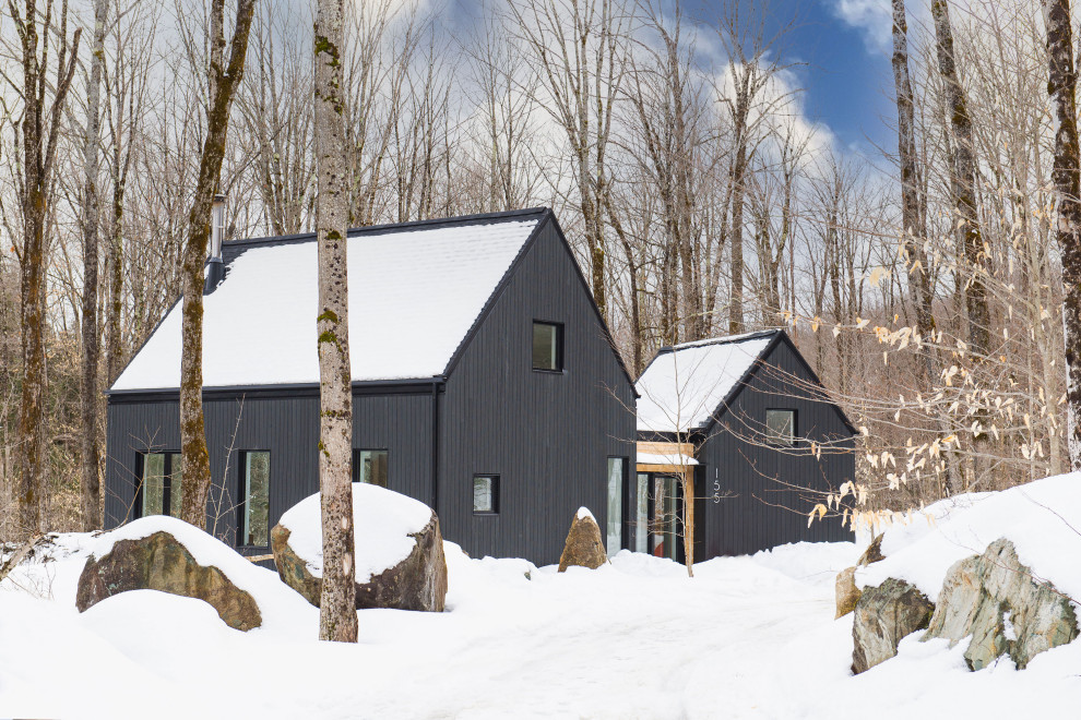 This is an example of a black scandinavian detached house in Montreal with wood cladding.