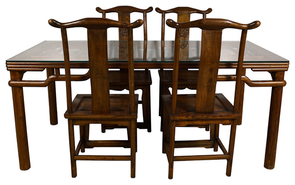 Consigned Chinese Antique Carved Dining Table w/4 Chairs set Asian